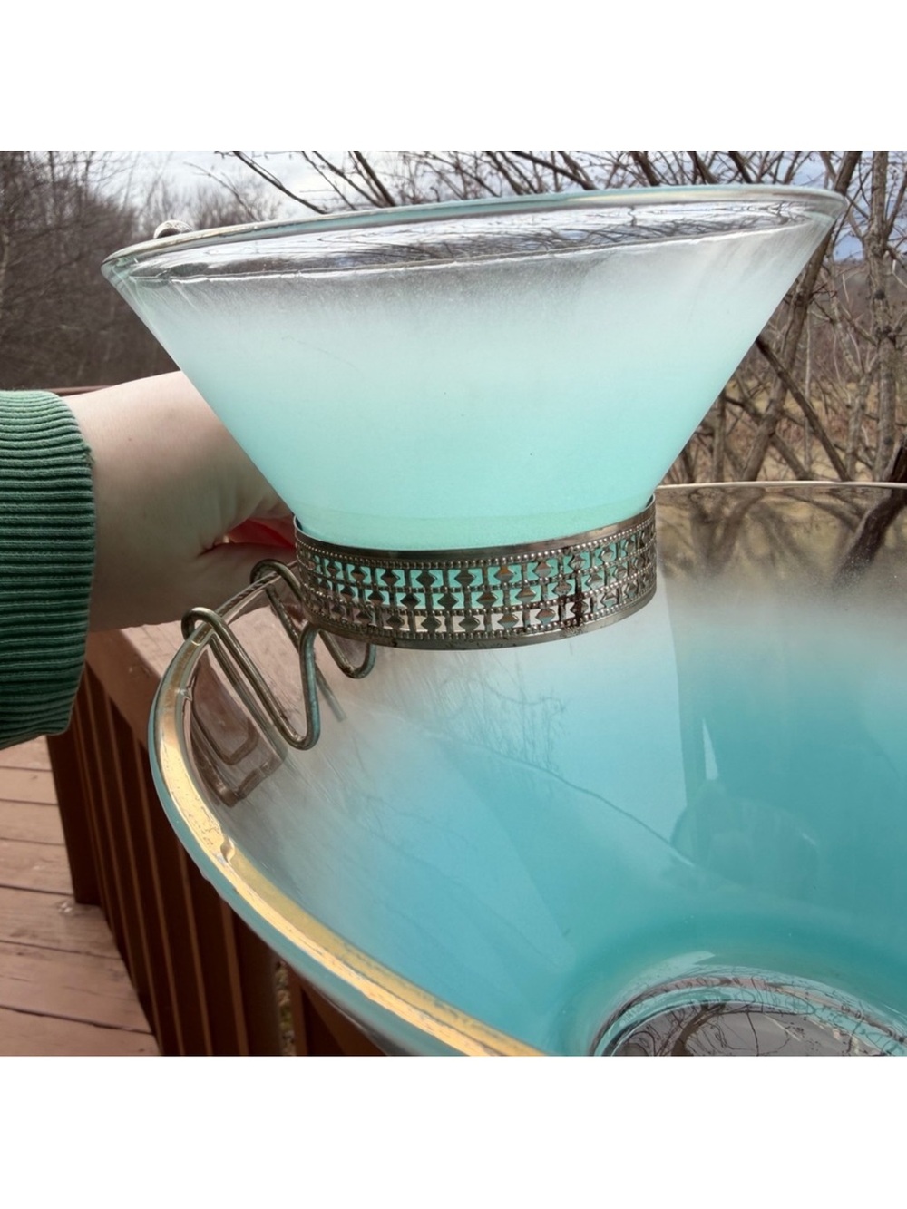 Vintage MCM Turquoise Blendo Federal Glass Chip and Dip Serving Bowl set - Picture 6 of 6